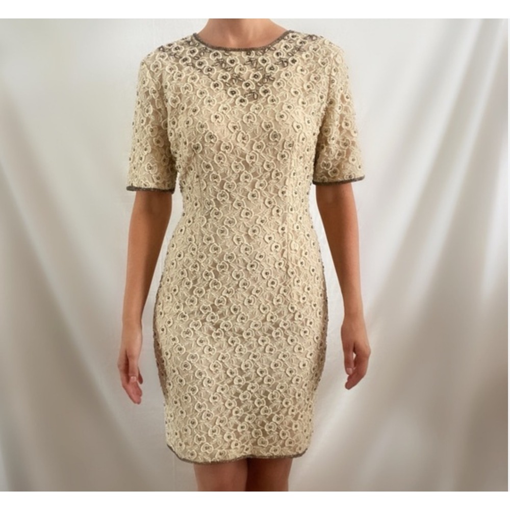 Vintage 60s Stenay Beaded Cream Lace Dress Women Size 12 Formal Cocktail Evening